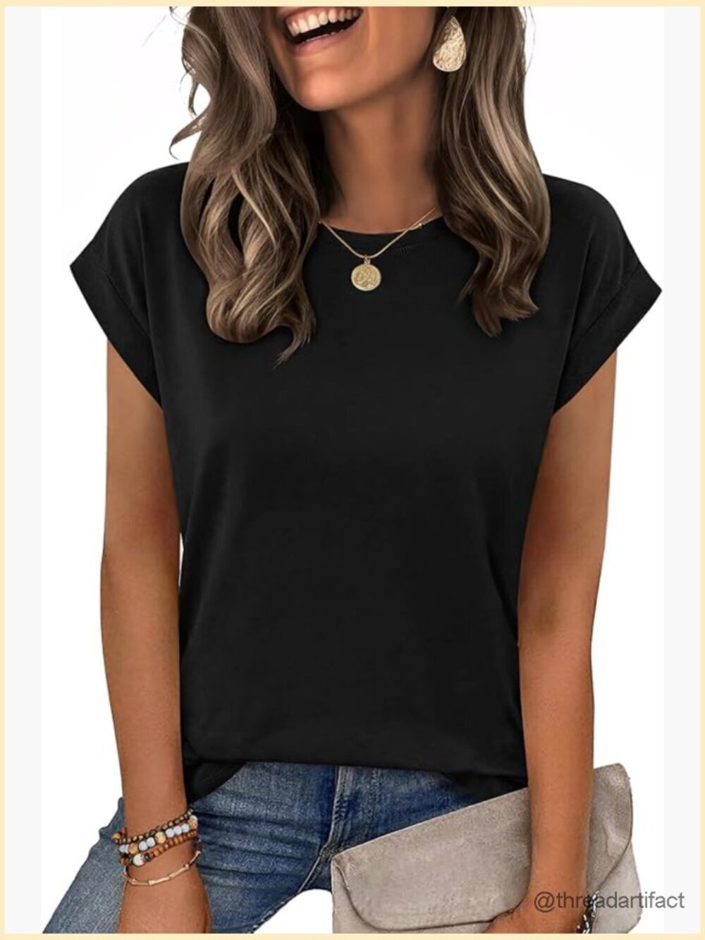 Cap Sleeve T-Shirt - Relaxed Fit Crew Neck Casual Top